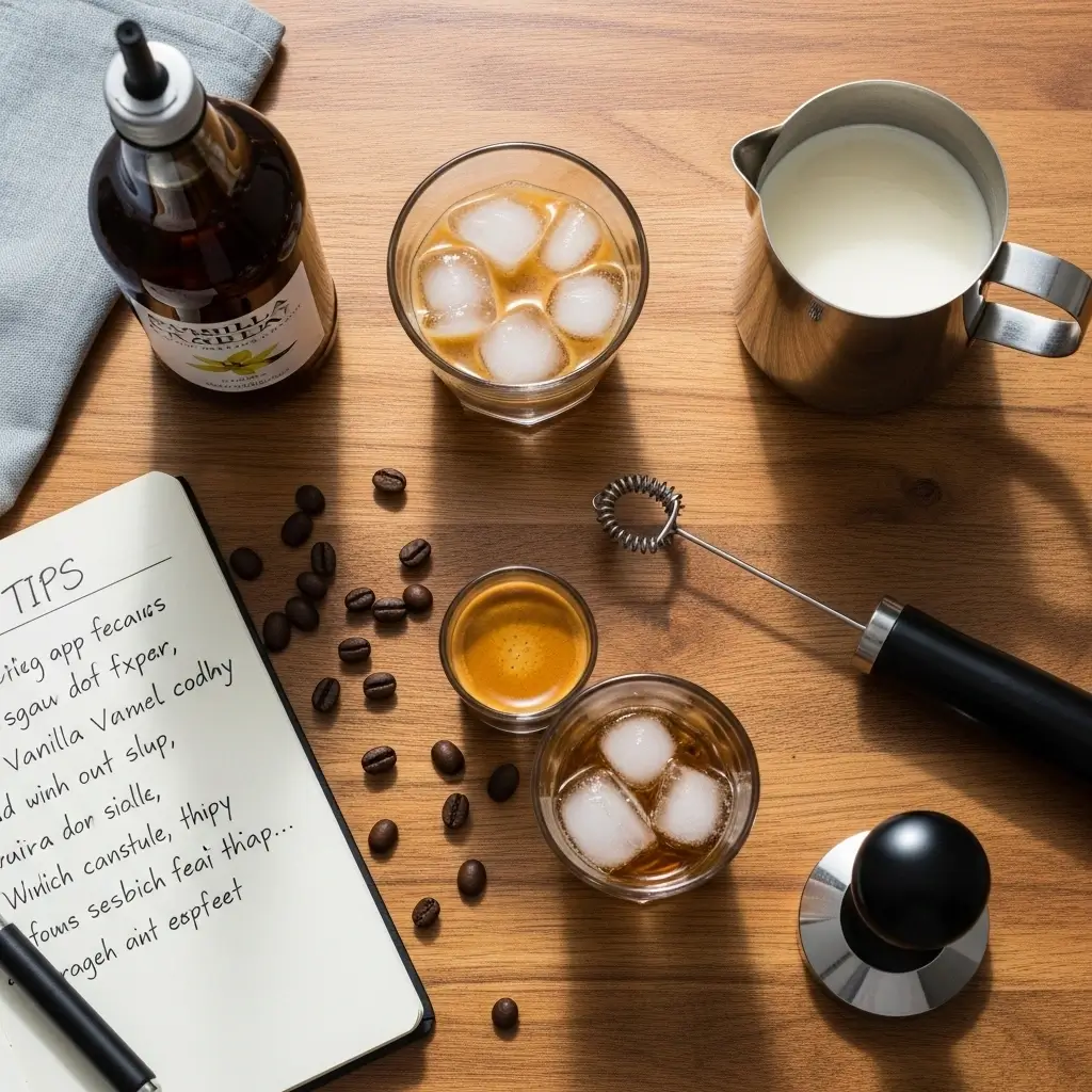 Flat lay of espresso iced coffee essentials including espresso shot, ice, syrup, and coffee tools on wooden table