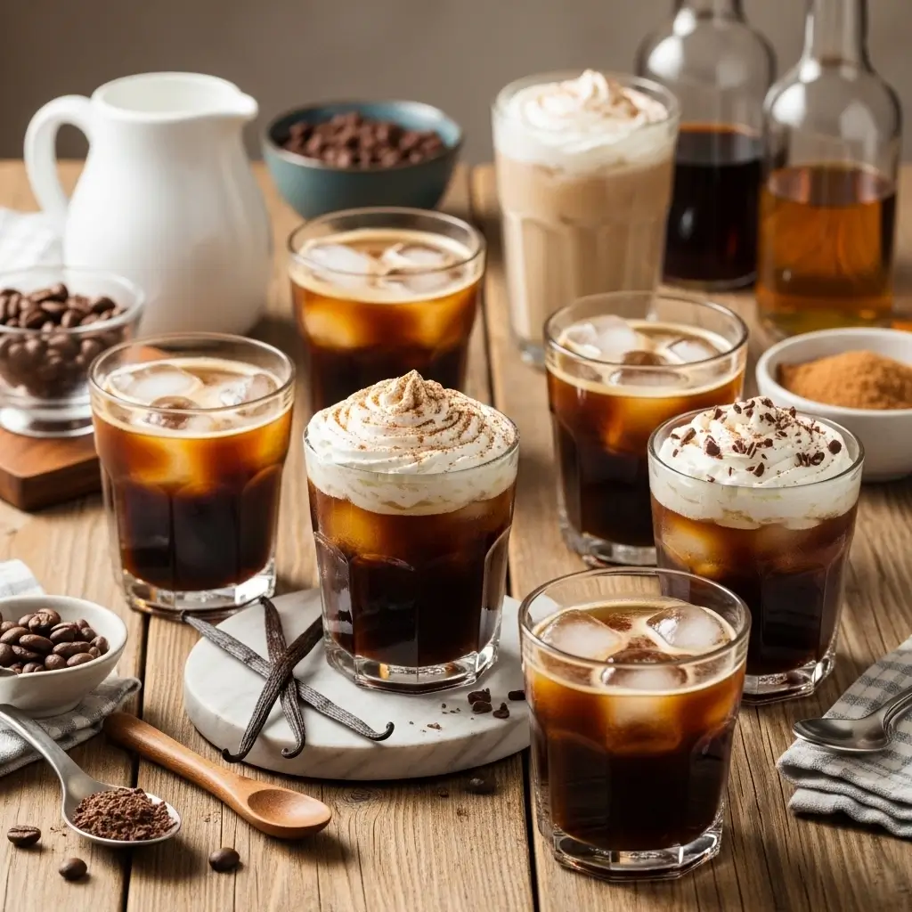 Variety of espresso iced coffee glasses topped with whipped cream, cinnamon, and chocolate shavings on wooden table