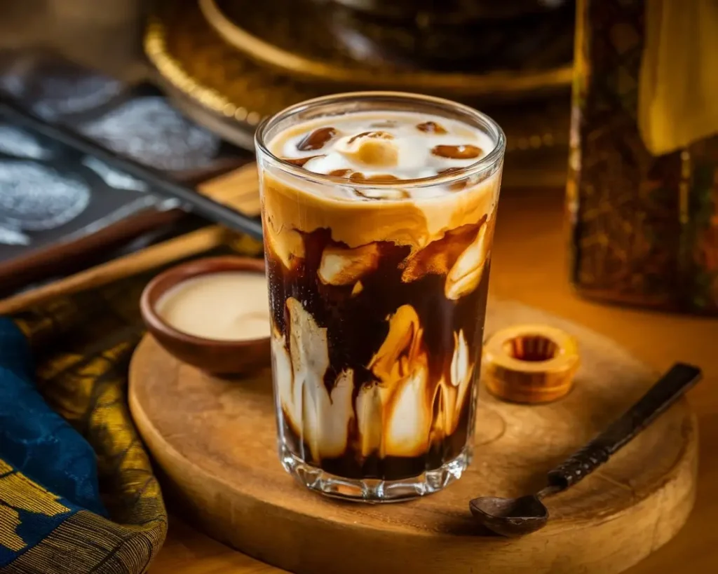 Tall glass of layered Thai iced coffee with condensed milk on wooden surface