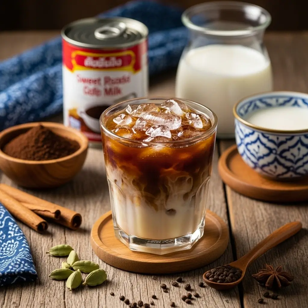Clear glass of traditional Thai iced coffee with layers and key ingredients on wooden table