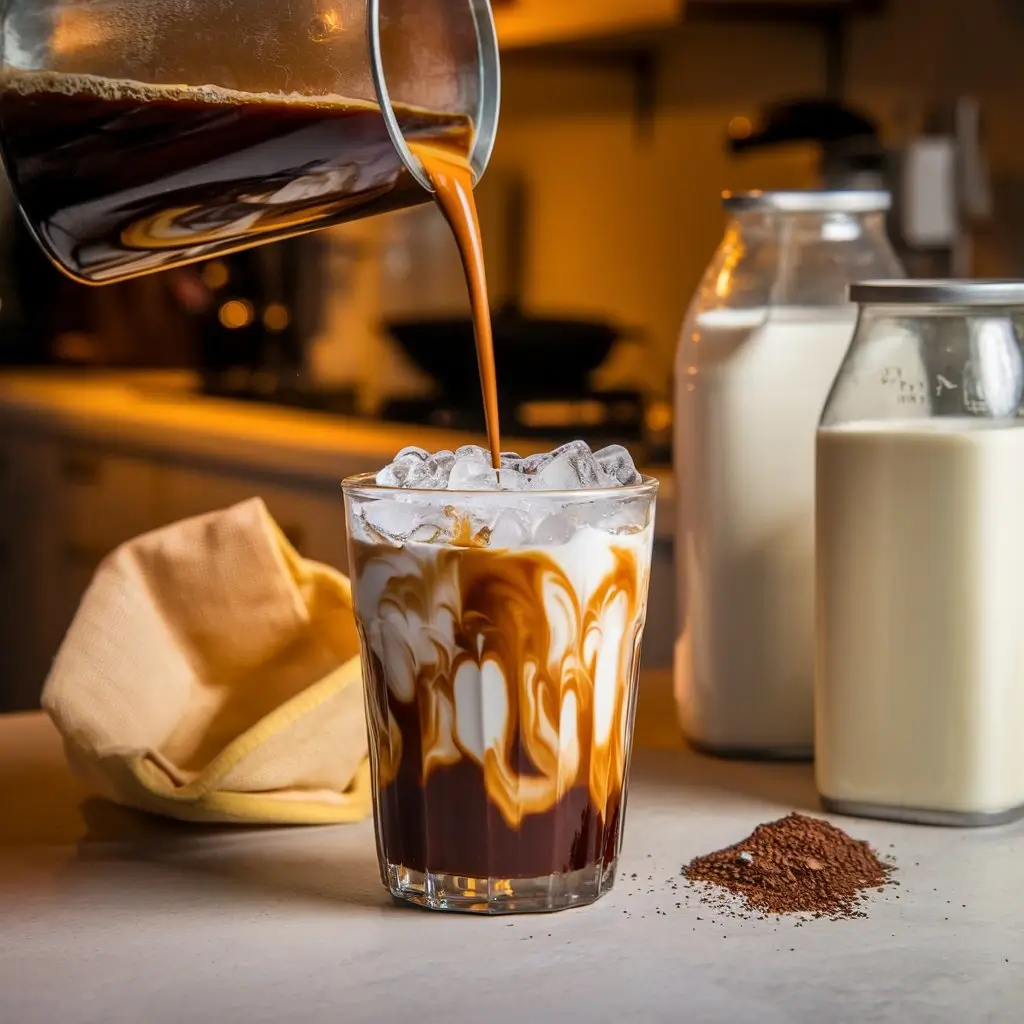 Step-by-step making of Thai iced coffee with crushed ice, brewed coffee, and condensed milk