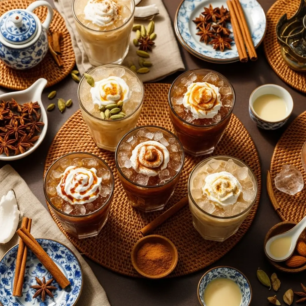 Top-down view of Thai iced coffee variations with different flavor infusions and ingredients