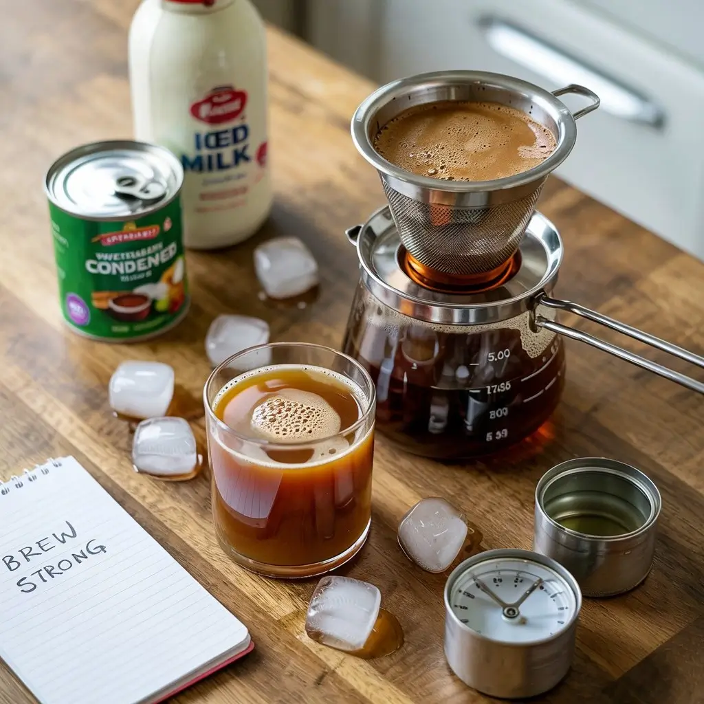 Flat lay of Thai iced coffee brewing essentials with filter, coffee grounds, milk cans, and glass