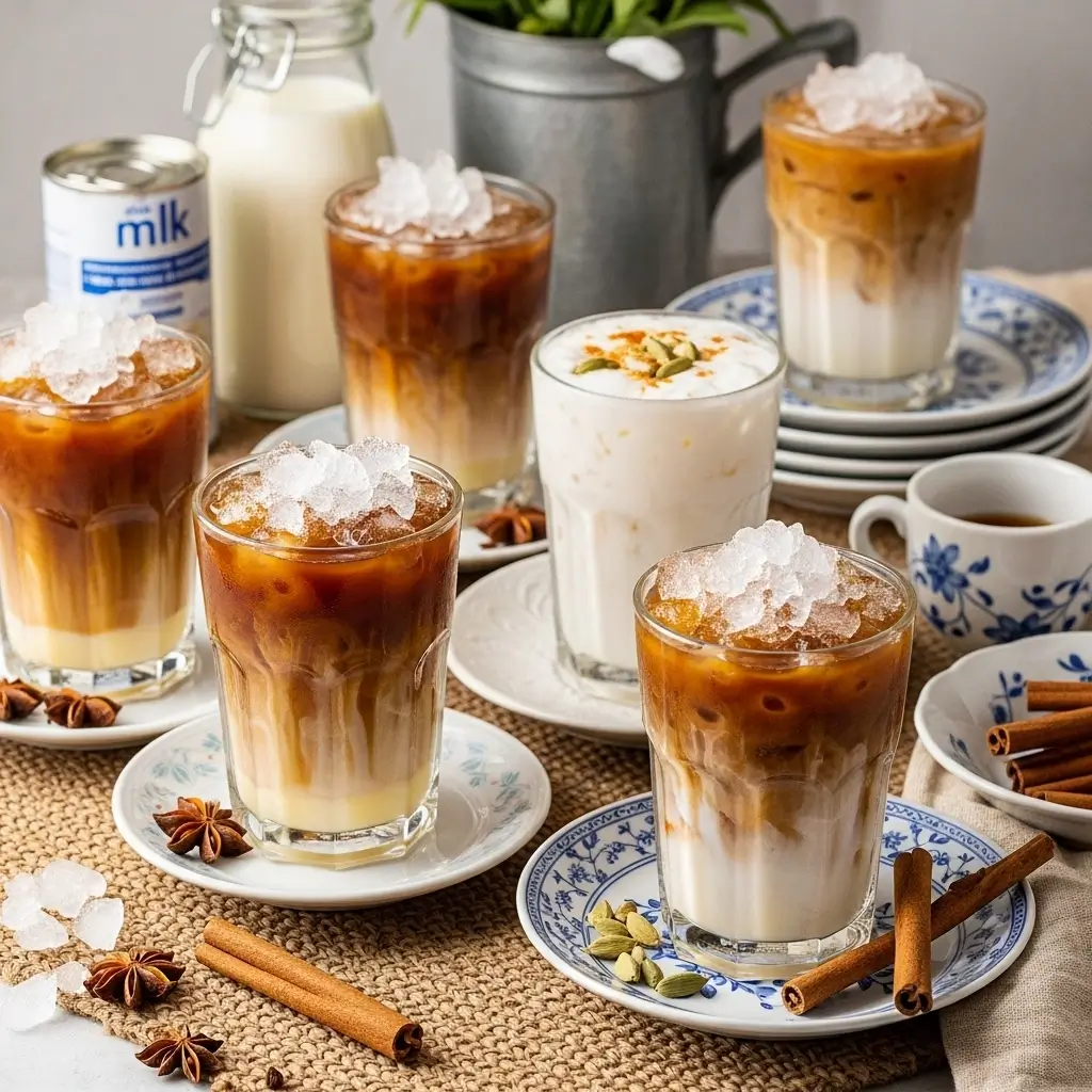 Cozy tabletop with multiple Thai iced coffee styles and traditional ingredients