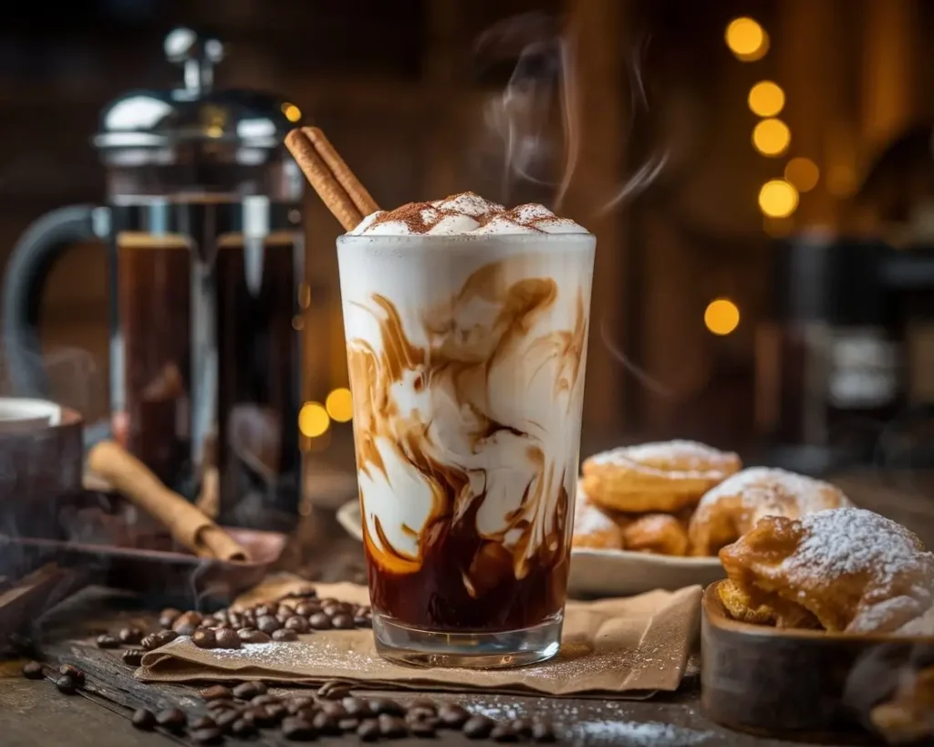 New Orleans-style iced coffee with chicory, milk swirls, and cinnamon on rustic table