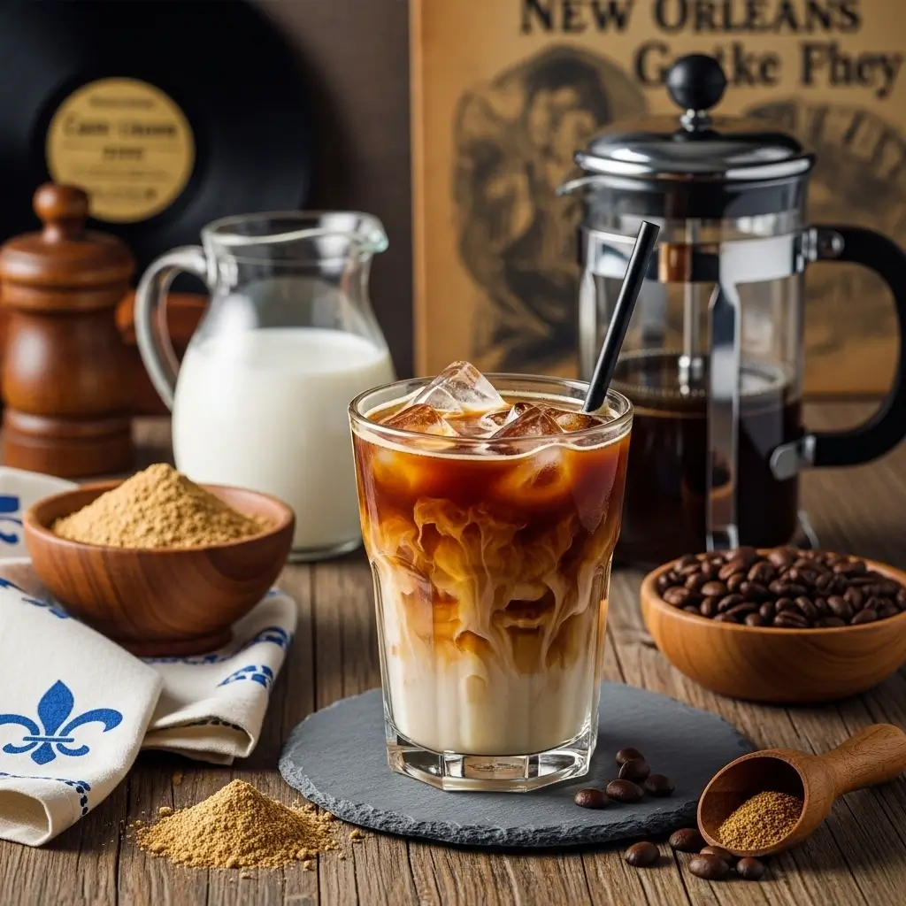 Clear glass of New Orleans iced coffee with chicory, milk swirls, and cultural accents