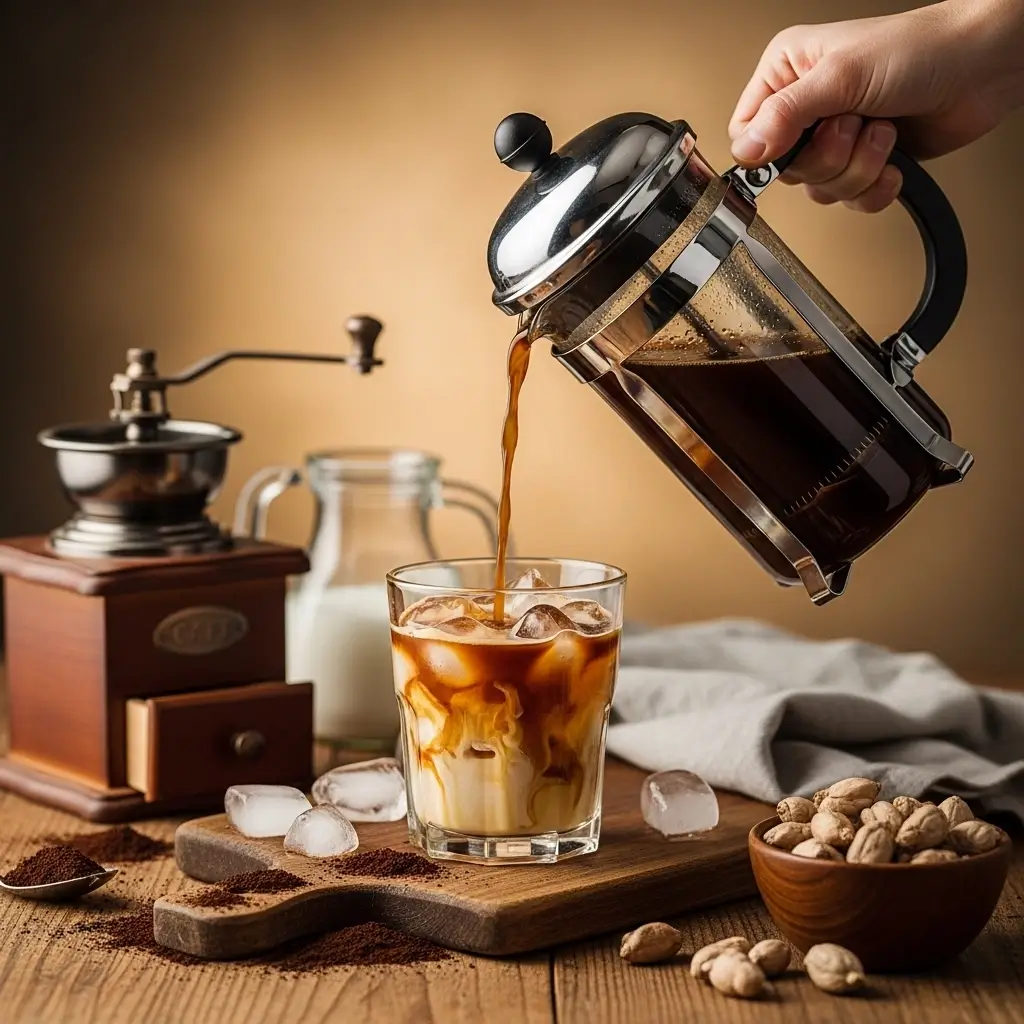Step-by-step New Orleans iced coffee with chicory, French press, and milk over ice