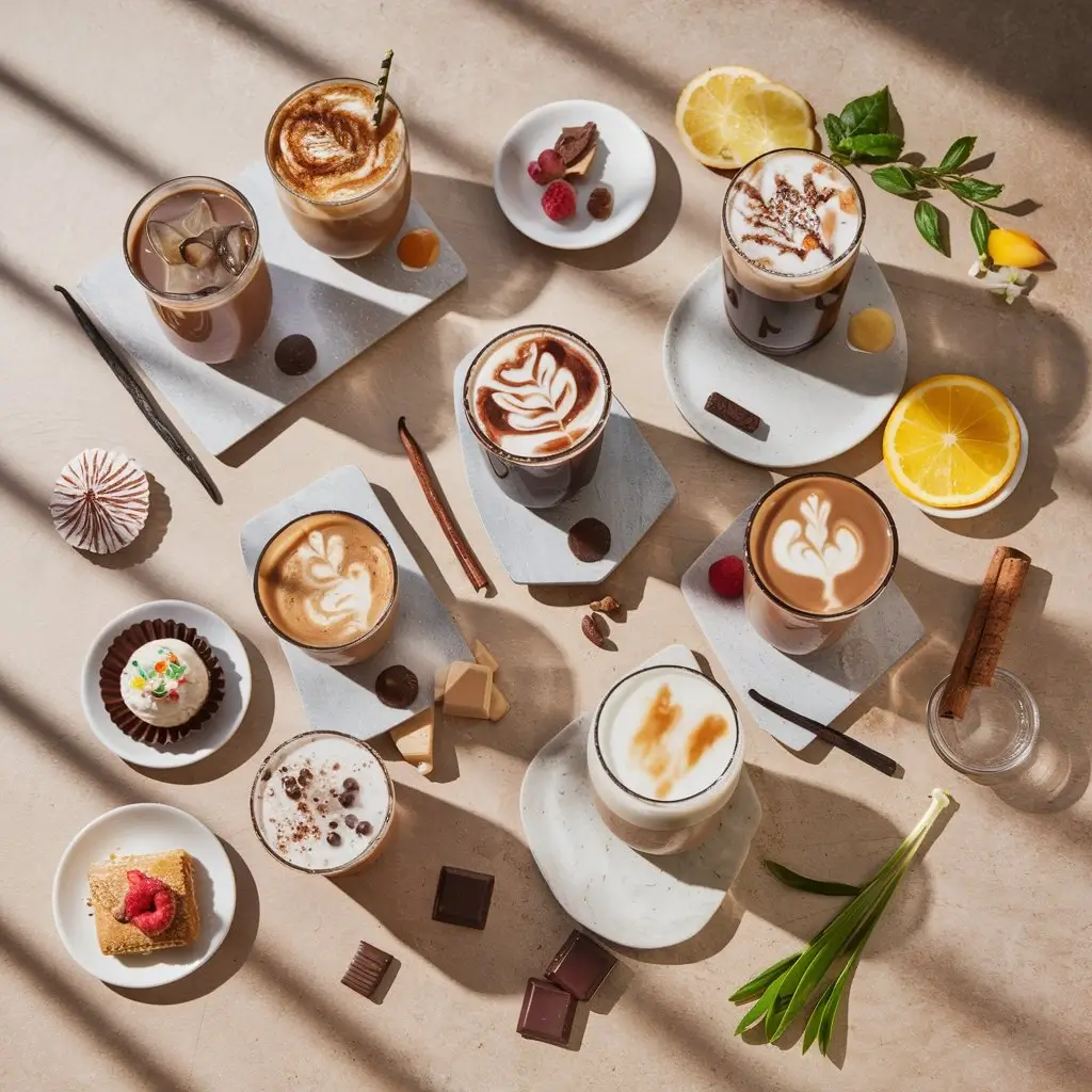 Flat lay of assorted flavored iced coffees with matching ingredients and sweet pairings