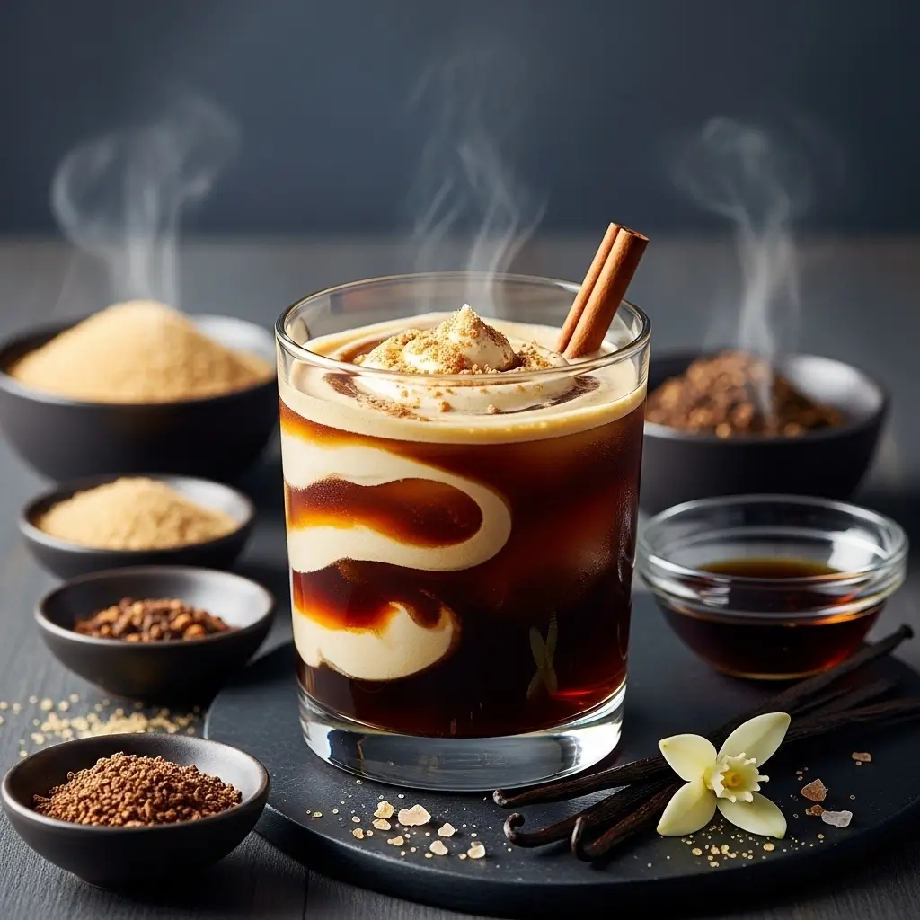 Close-up of iced coffee with chicory base, sweet cream swirl, and smoked sea salt garnish