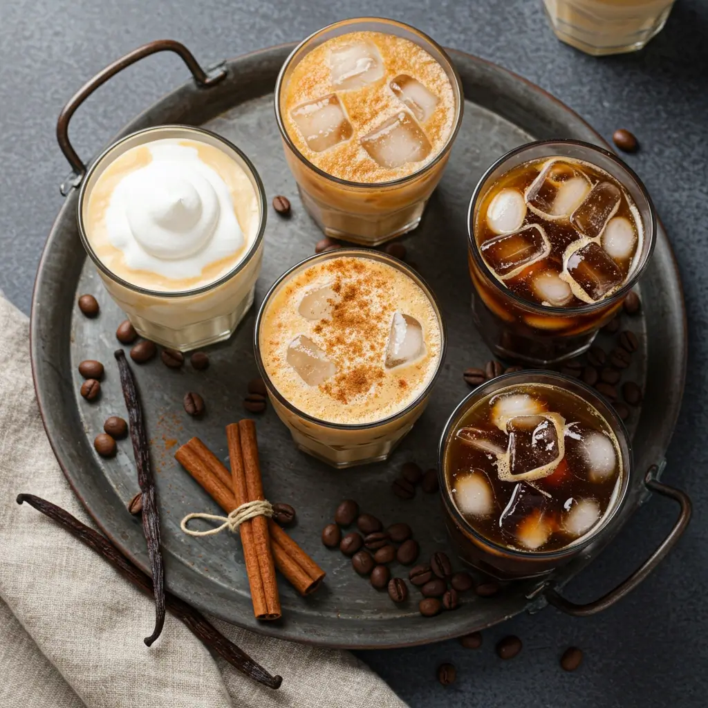 Top-down view of four New Orleans iced coffee variations with vanilla, cinnamon, caramel, and black