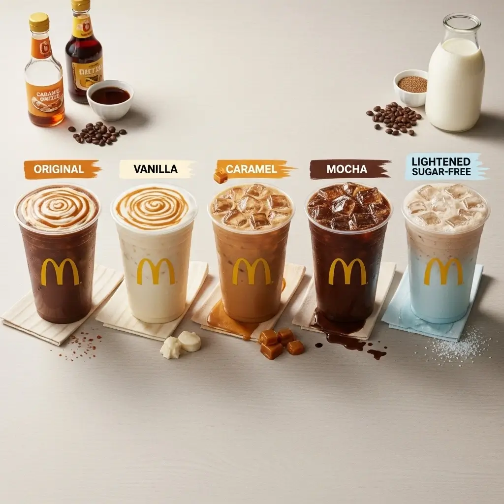 Overhead lineup of McDonald’s iced coffee drinks in clear cups with flavor styling and ingredients