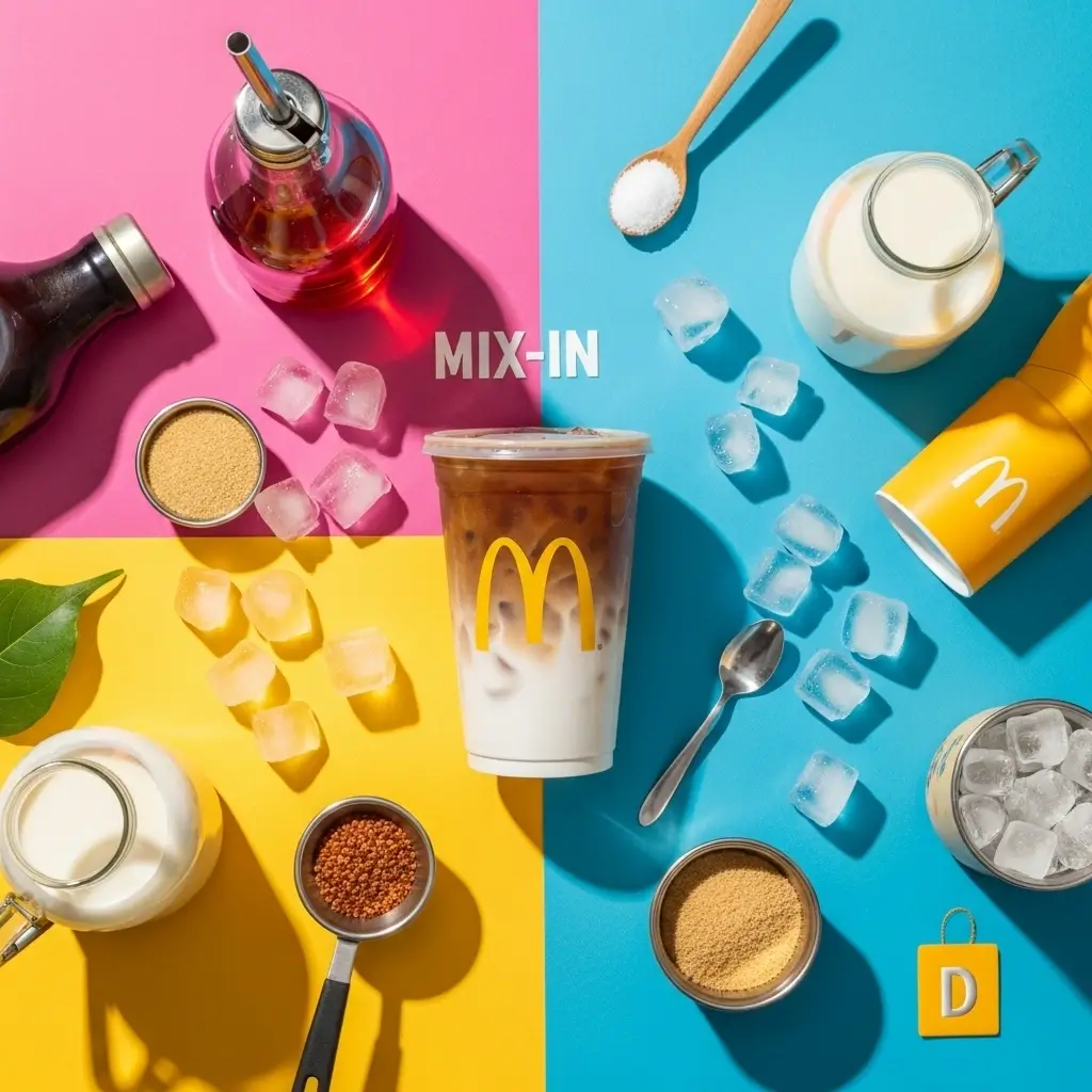 Flat lay of McDonald’s iced coffee with flavored syrups, milk options, sweeteners, and ice