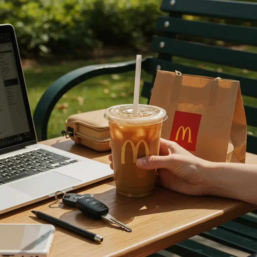 Person enjoying McDonald’s iced coffee during morning commute with laptop and keys nearby
