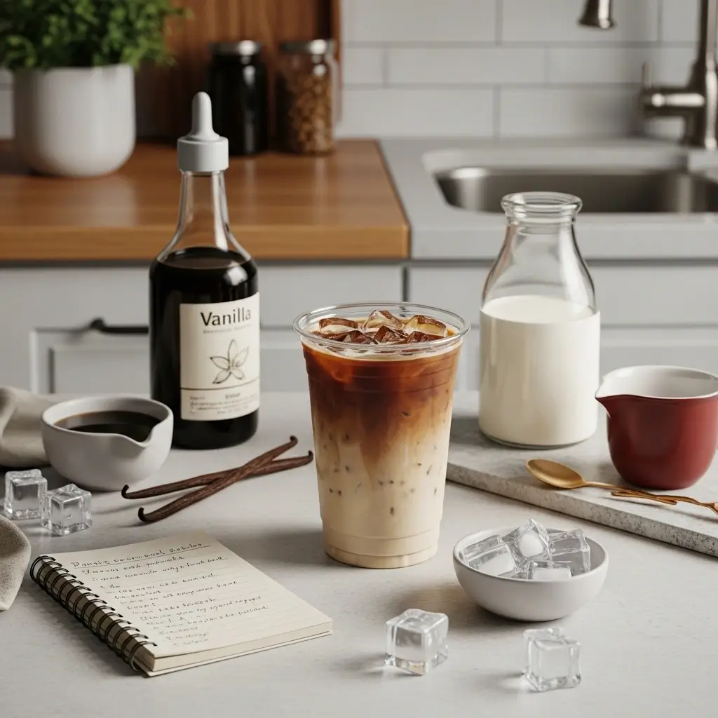 Homemade iced coffee in clear cup with vanilla syrup, milk, ice, and recipe card in cozy kitchen