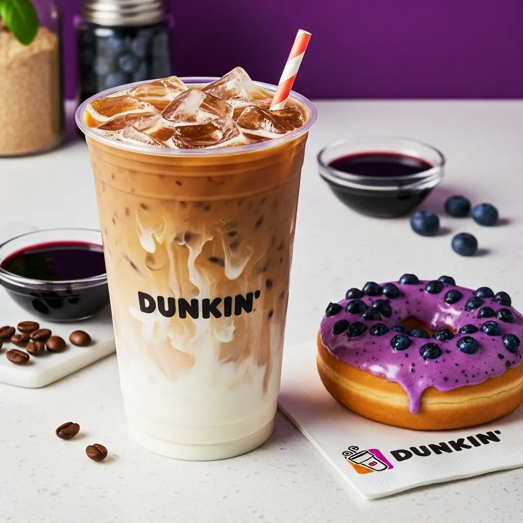 Close-up of Dunkin-style plastic cup with blueberry iced coffee and donut on bright café counter