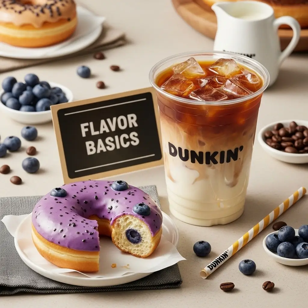 Blueberry glazed Dunkin-style donut with iced coffee and “Flavor Basics” sign on bright table