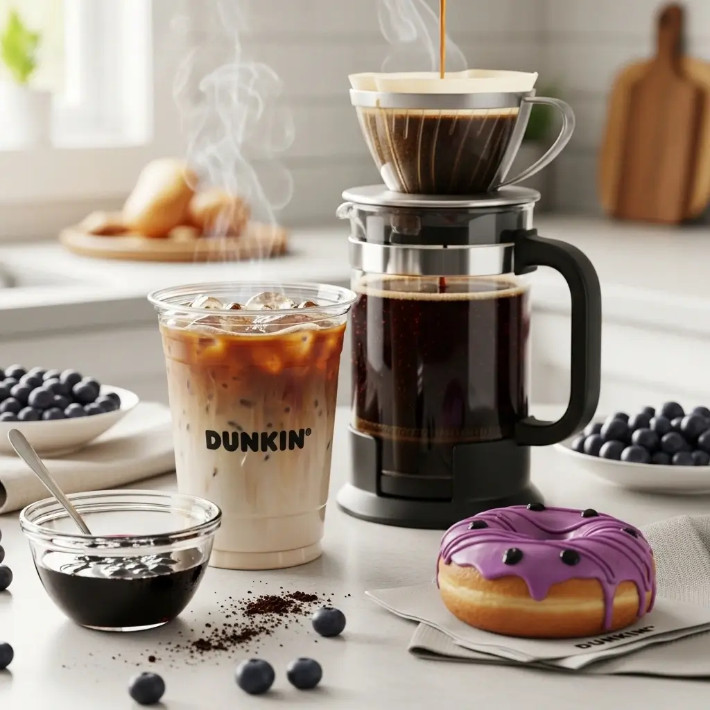 Close-up of home coffee brewing with French press, iced coffee, and blueberry donut on kitchen counter