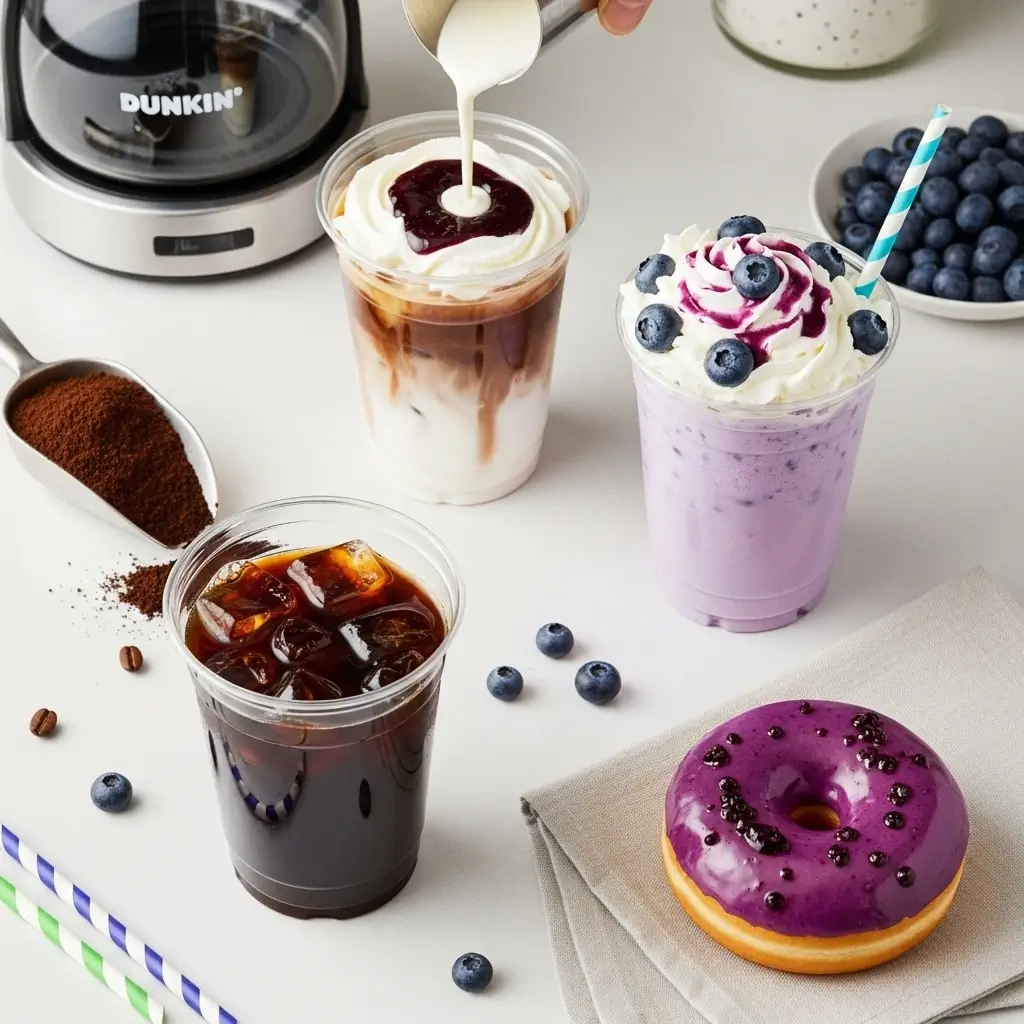 Flat lay of steps making blueberry Dunkin-style iced coffee with syrup, cream, and donut