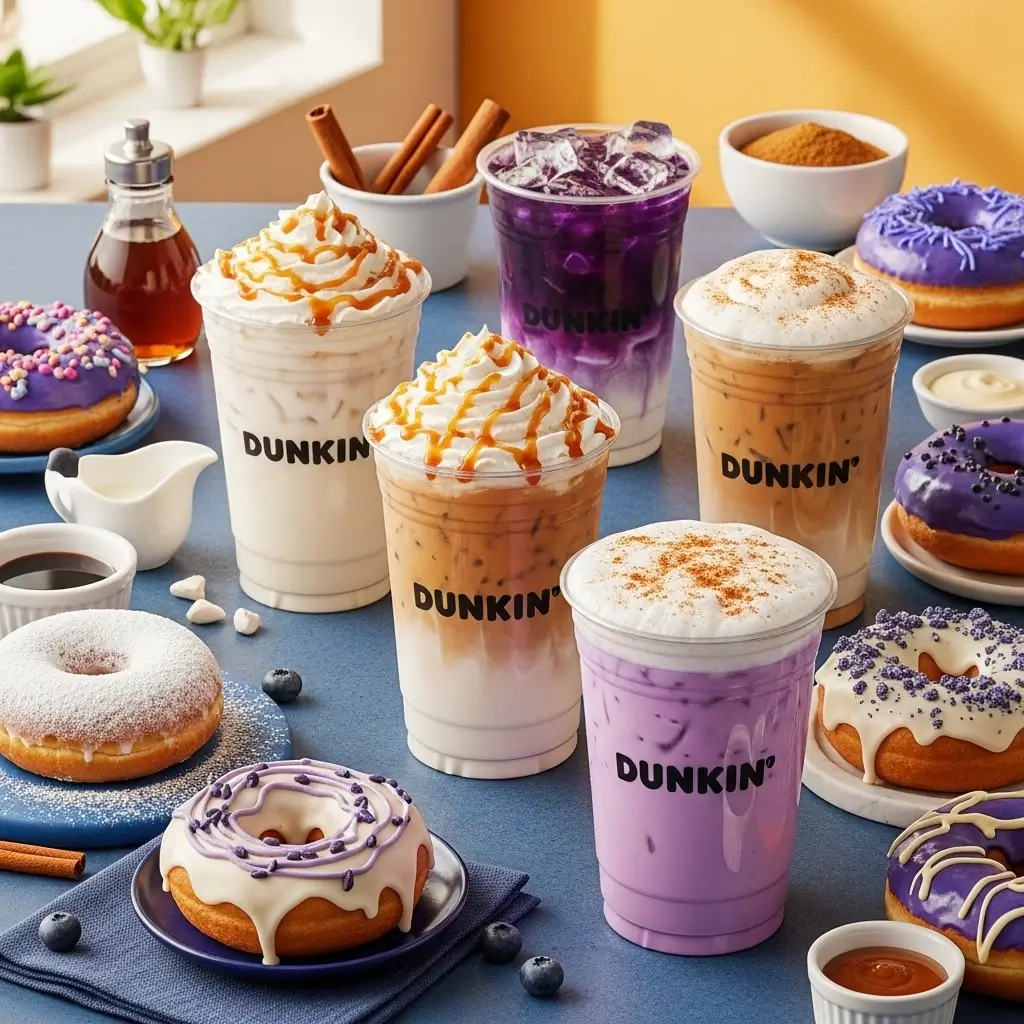 Variety of blueberry Dunkin-style iced coffees with different toppings and matching donuts on bright table
