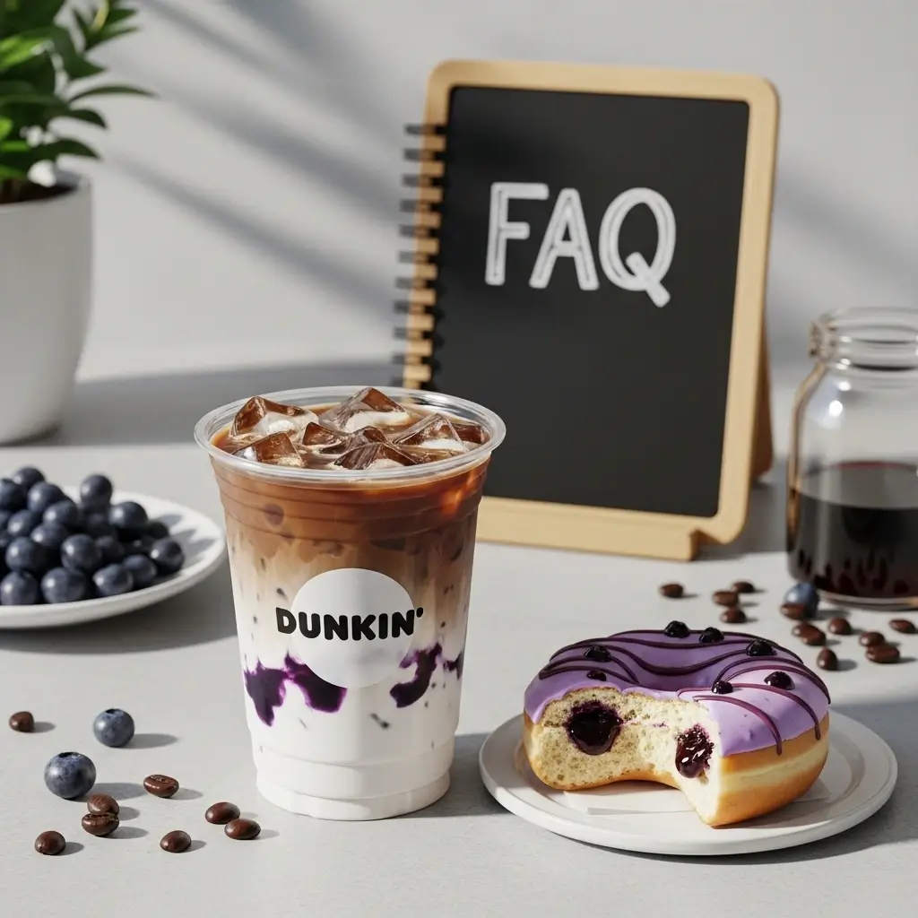 Blueberry iced coffee with bitten glazed donut and FAQ chalkboard in cozy café setting