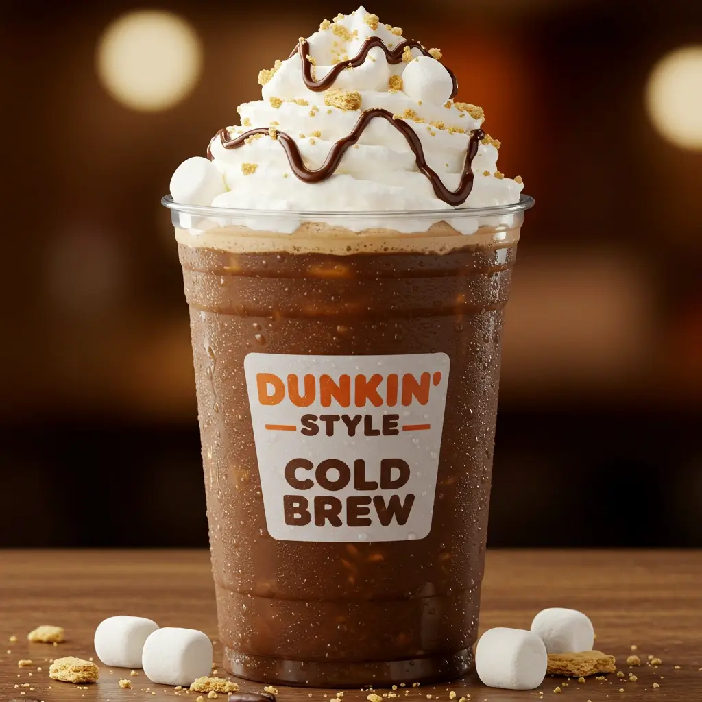 Close-up of Dunkin'-style cold brew with whipped cream, chocolate drizzle, and marshmallows.
