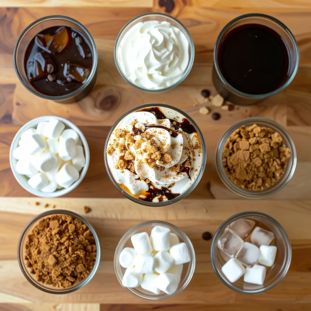 Ingredients for Dunkin's S'mores Cold Brew on a wooden counter with a clear cup.