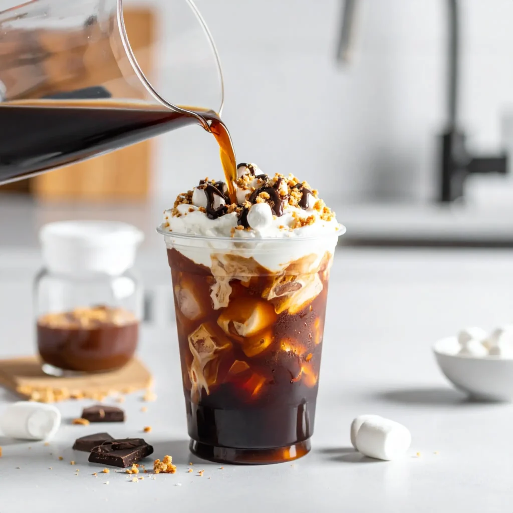 Step-by-step setup of Dunkin’s S’mores Cold Brew being made.