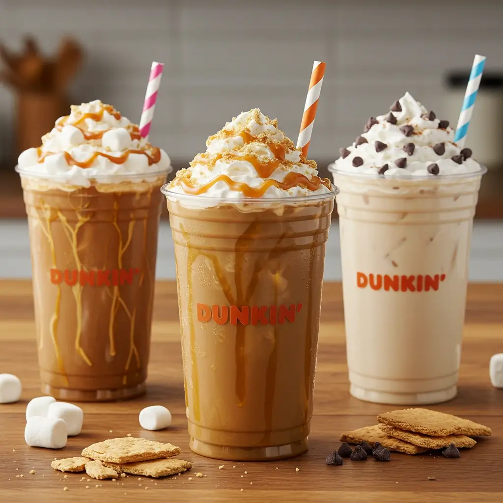 Dunkin’-style iced coffee cups with different toppings on a wooden table.