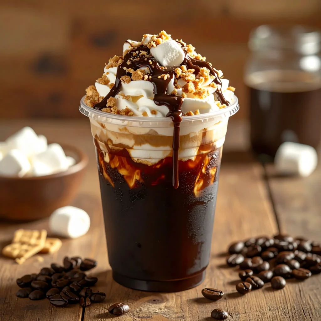 Dunkin’-style cold brew with whipped cream, chocolate drizzle, marshmallows, and graham cracker crumbs.