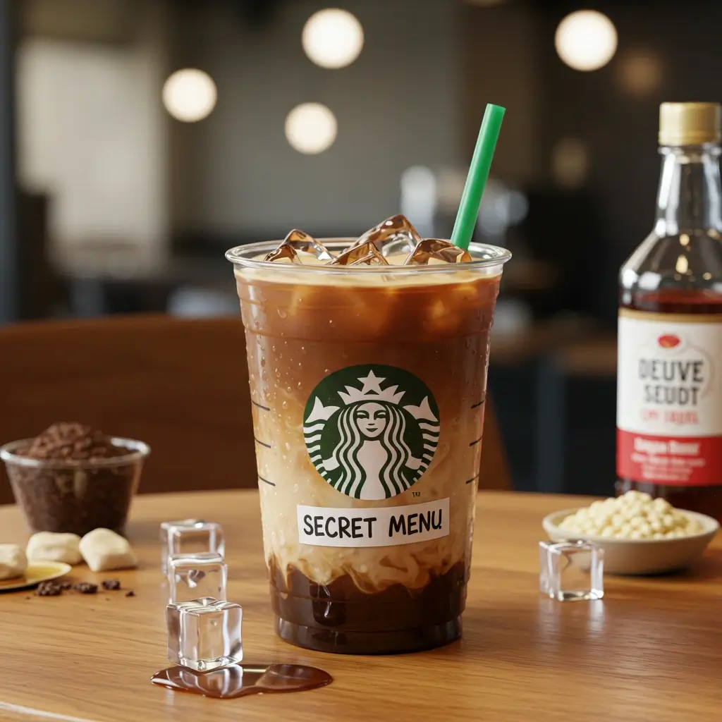 Starbucks-style iced coffee with custom label and layered cream on a café table.