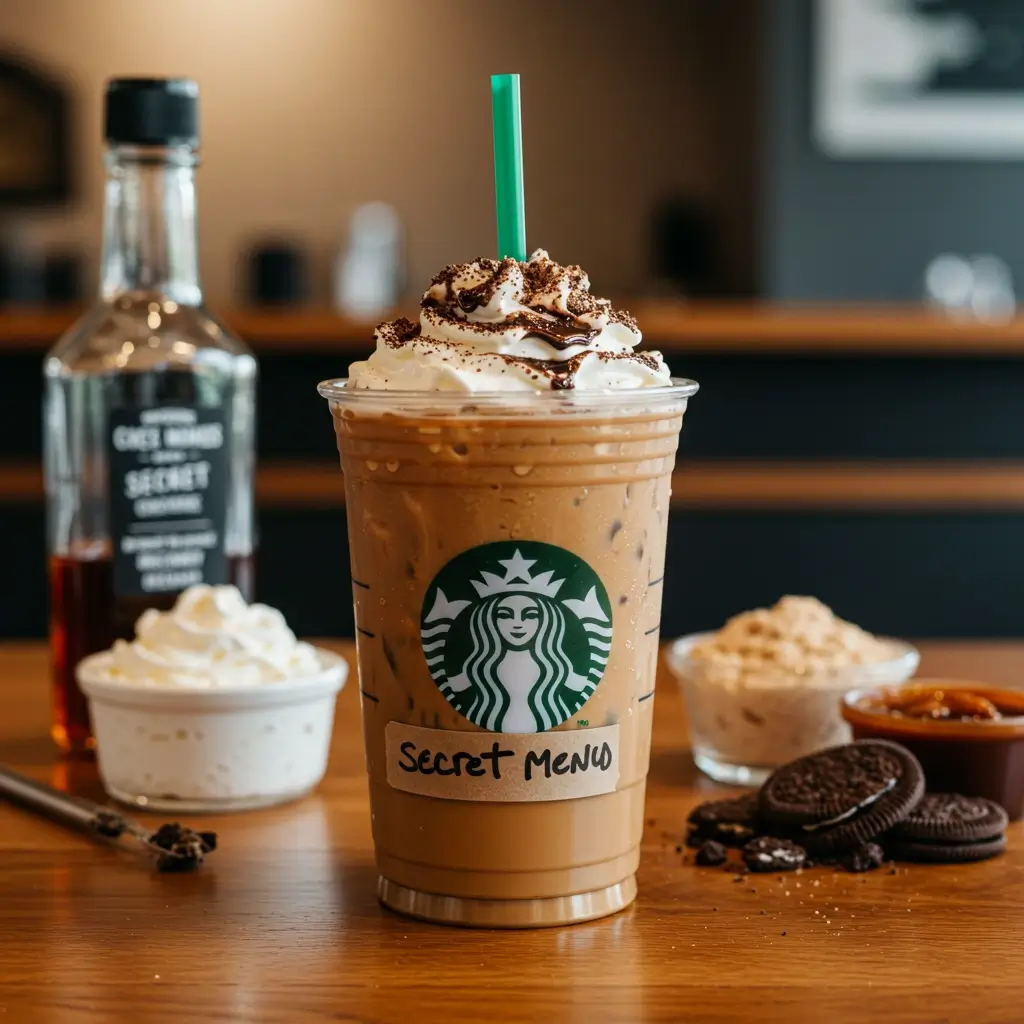 Starbucks-style iced coffee with handwritten label and secret toppings.