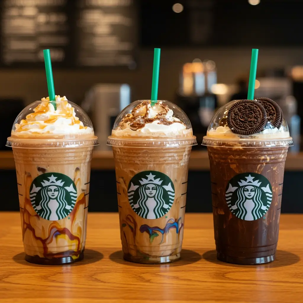 Three Starbucks-style secret menu cold brews with colorful toppings.