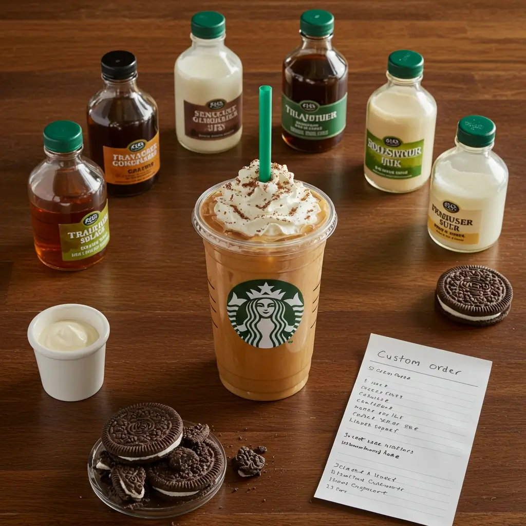 Starbucks-style iced coffee with syrups, toppings, and custom order note.