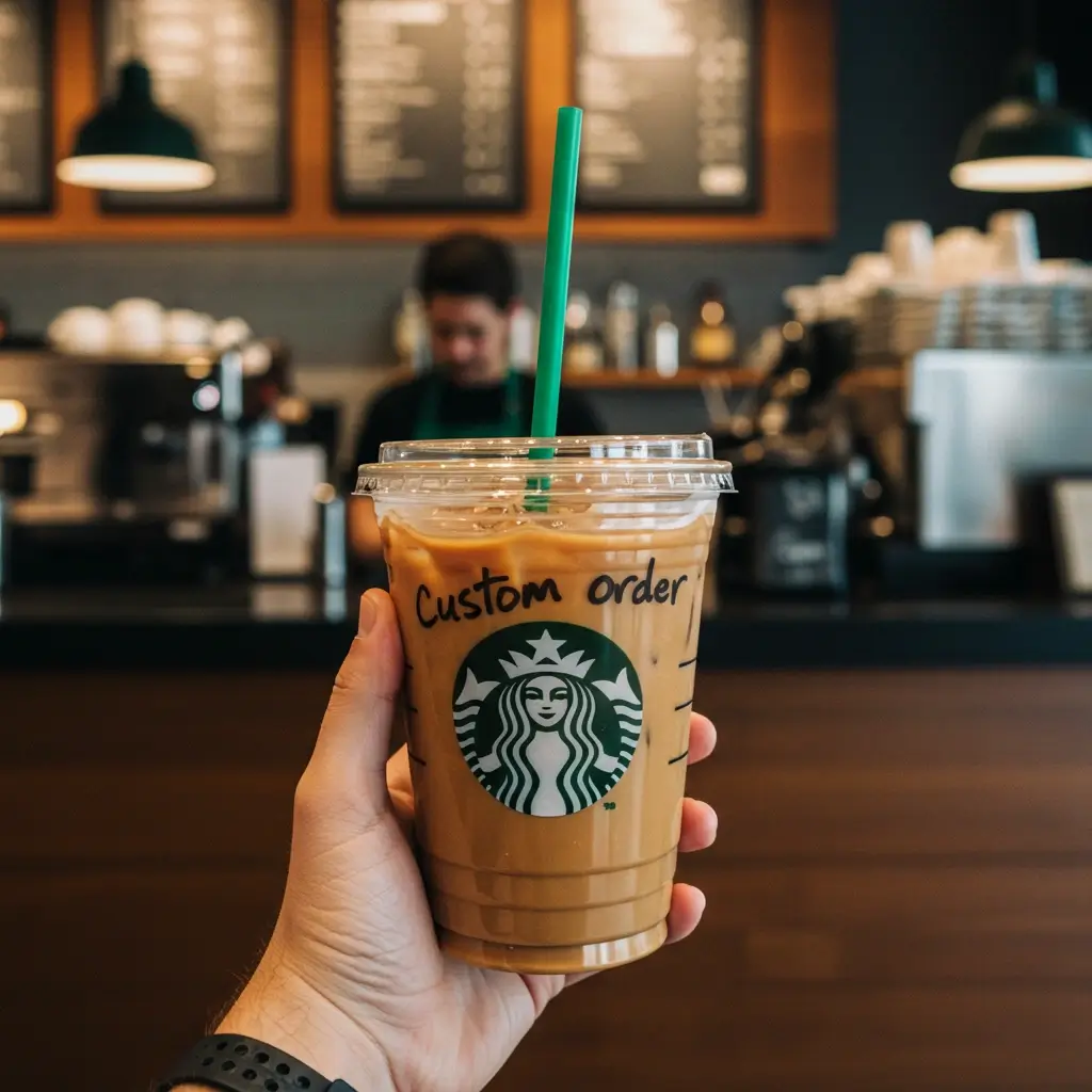 Starbucks-style iced coffee with custom order label held by a person at the counter.