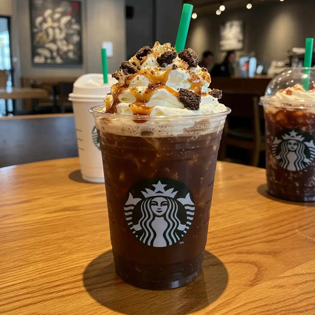 Starbucks-style iced cold brew with whipped cream, drizzle, and cookie crumbles.