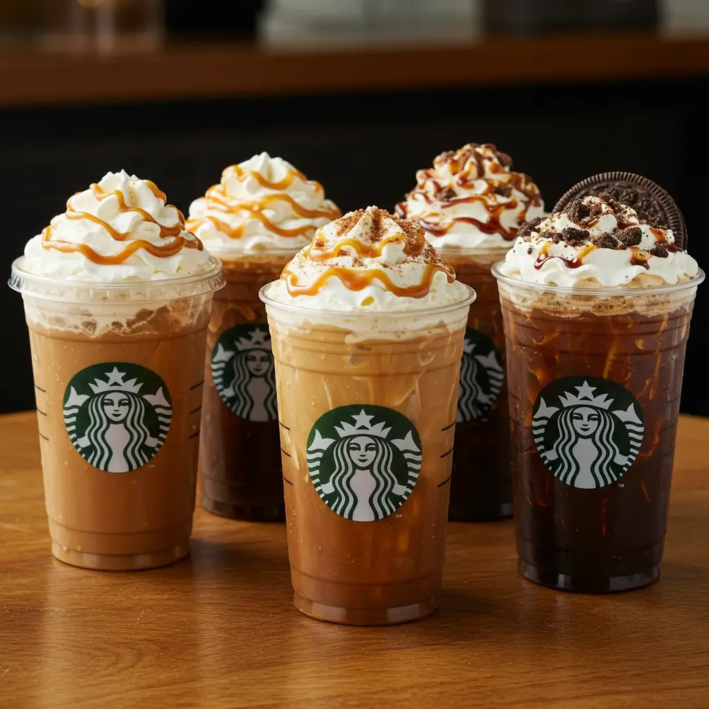 Starbucks-style cold brews with unique toppings and custom labels on a café table.