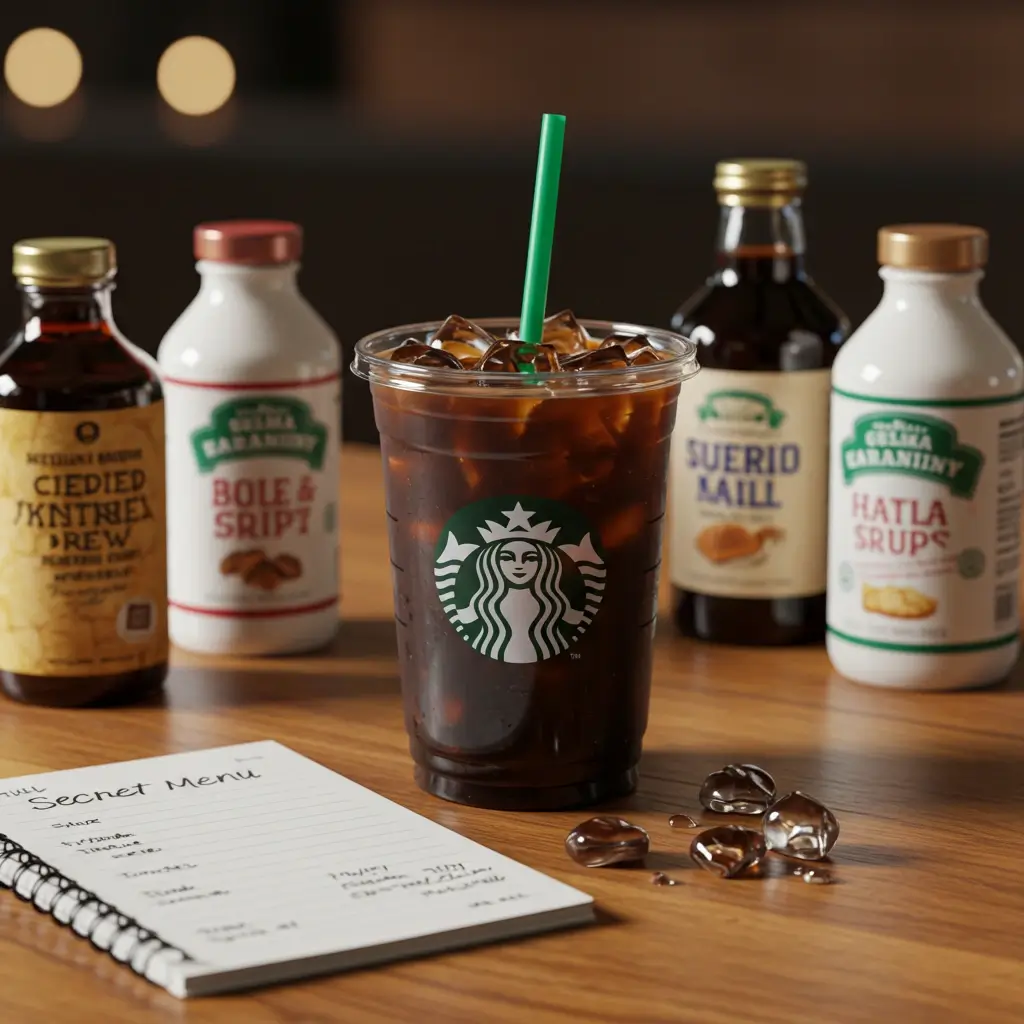 Starbucks-style iced cold brew with custom label and secret ingredients.