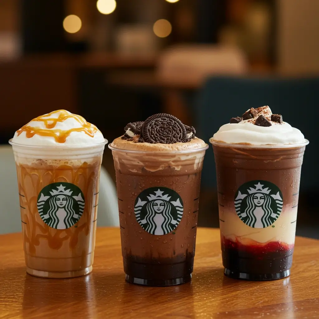 Three Starbucks-style cold brews with different secret menu toppings.
