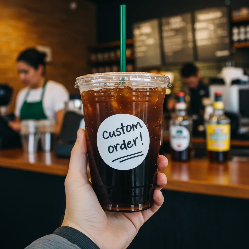 Starbucks-style cold brew with custom sticker held at café counter.