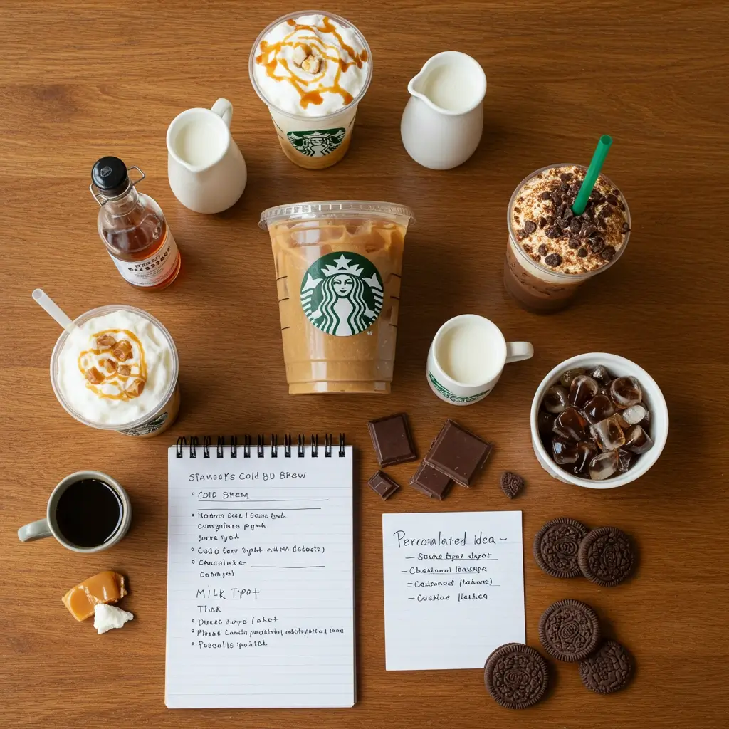 Starbucks-style cold brew with syrups, toppings, and customization options.