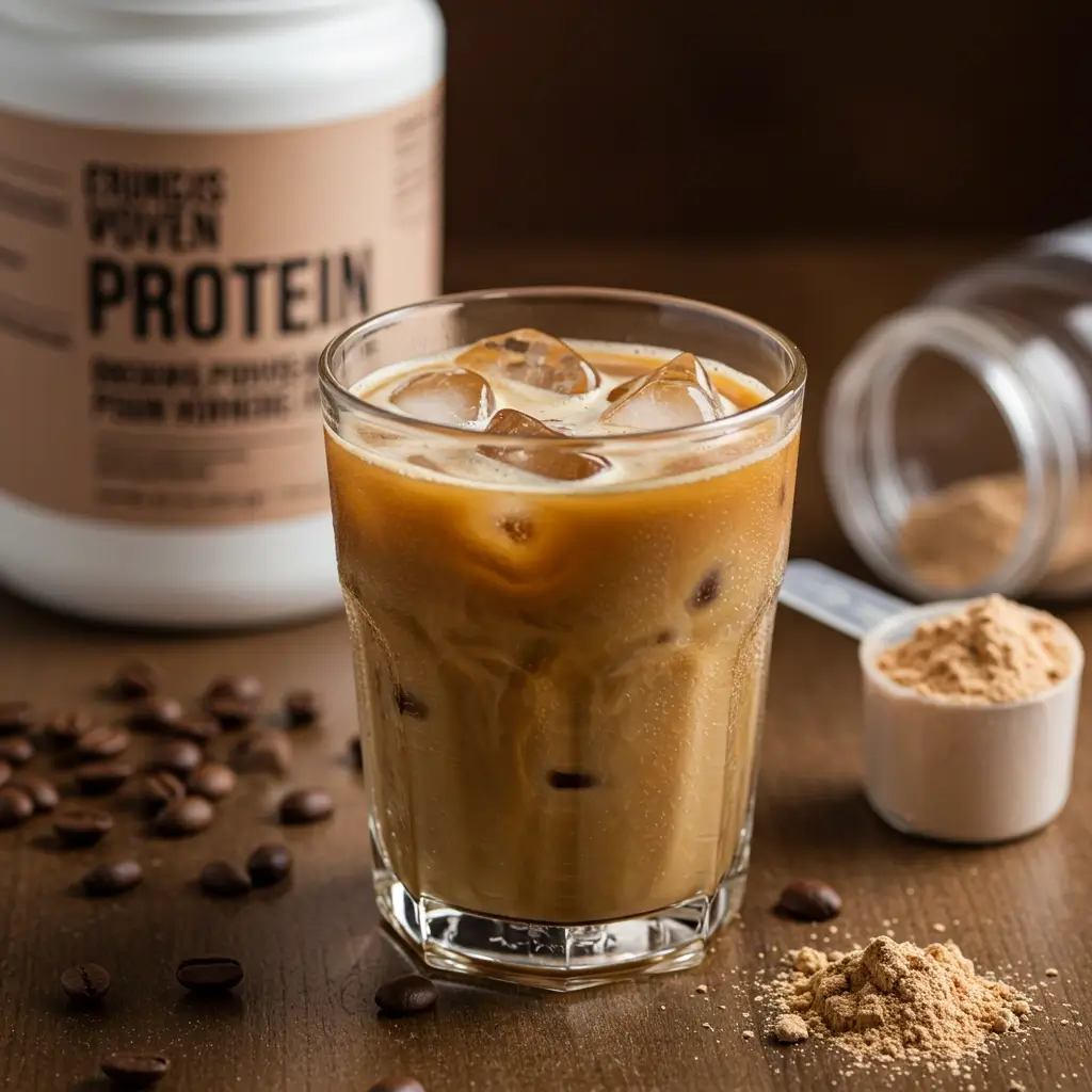 Close-up of iced coffee with protein powder, ice cubes, and scoop.