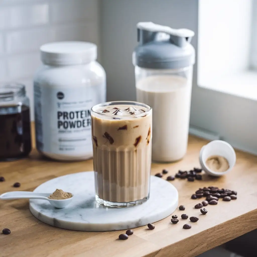 Iced coffee protein shake with ice cubes, protein powder jar, and shaker bottle.
