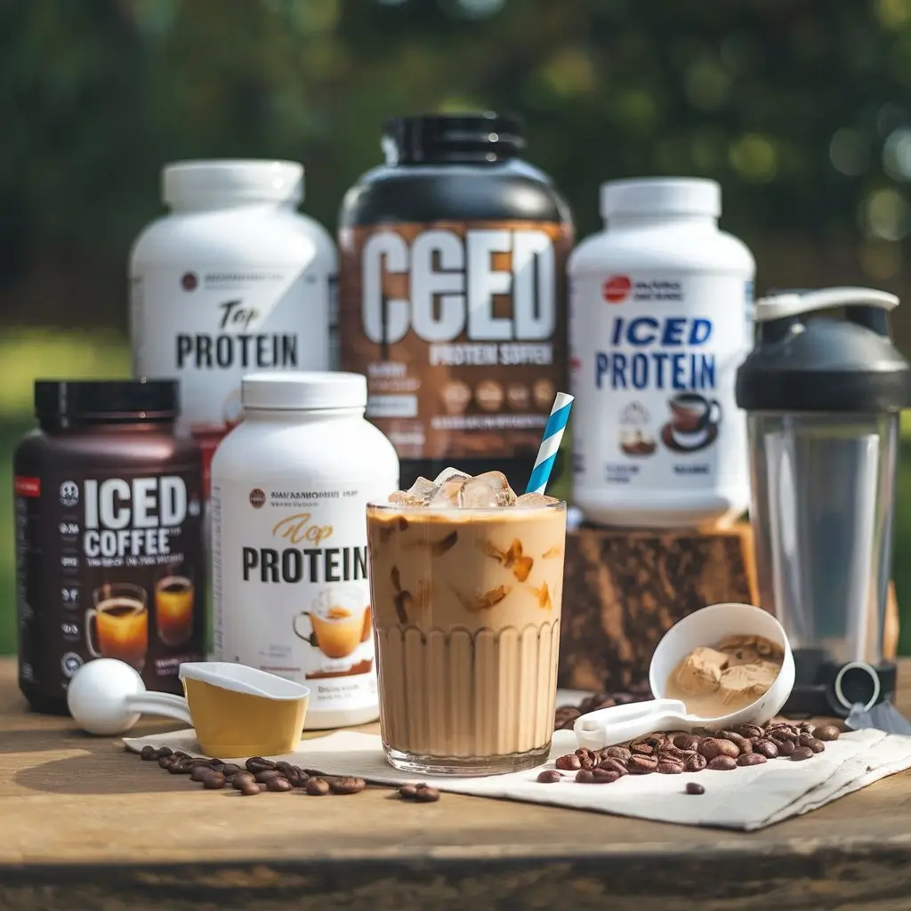 Selection of protein powders with iced coffee protein shake in the foreground.