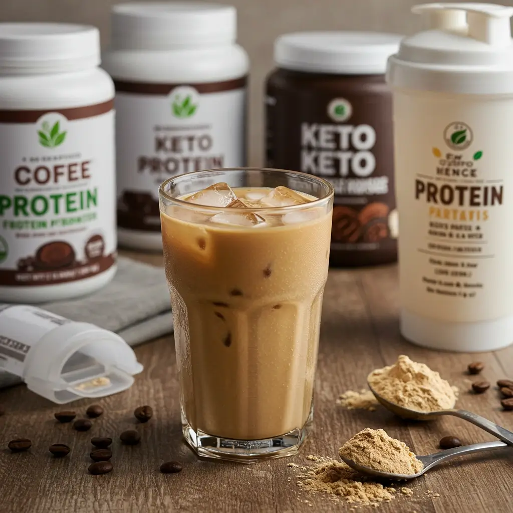 Iced coffee protein shake with various protein powder options and shaker bottle.
