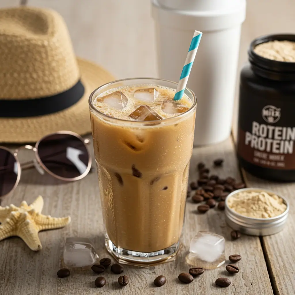 Iced coffee protein shake with frothy layer, summer elements, and protein powder.