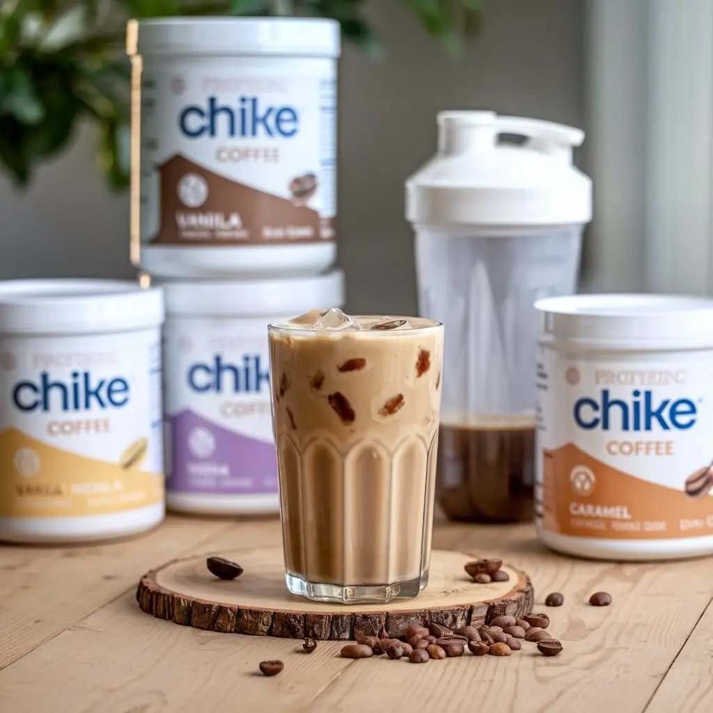 Chike Coffee iced protein shake with ice cubes, frothy top, and protein powder containers.