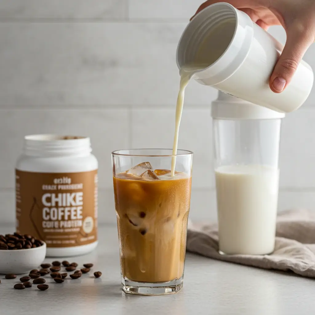 Step-by-step Chike iced coffee preparation with ice, protein powder, and milk.