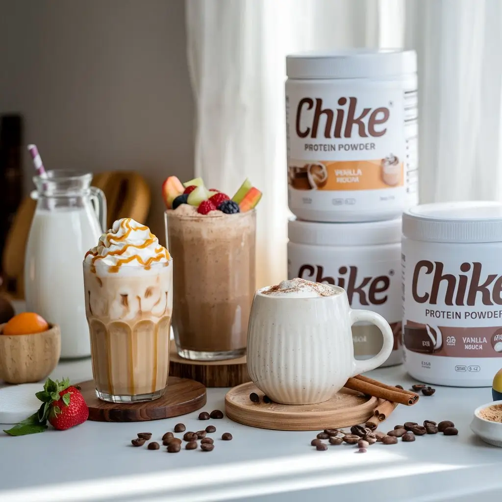 Variety of Chike coffee recipes with iced, smoothie, and hot options, surrounded by ingredients.