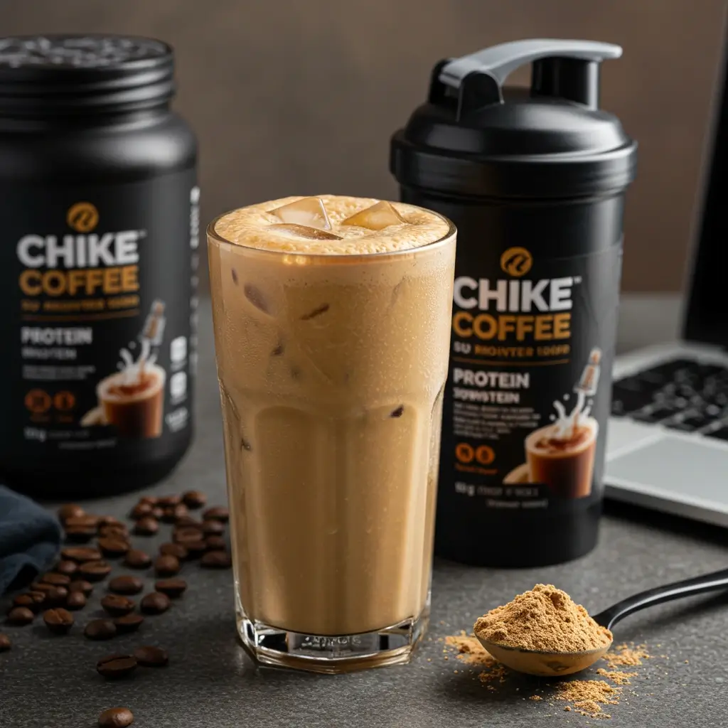 Close-up of Chike Coffee protein shake with frothy top, ice cubes, and protein powder.