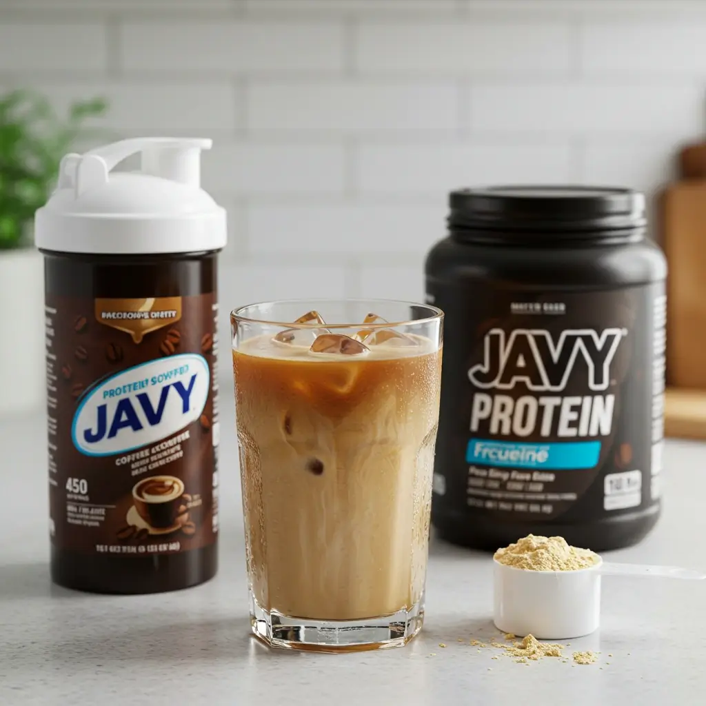 Javy protein iced coffee with ice cubes, creamy top, and protein setup on a kitchen counter.